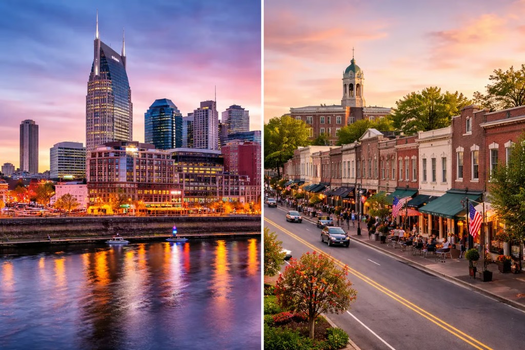 Aerial comparison: Downtown Nashville skyline vs Historic Franklin Main Street