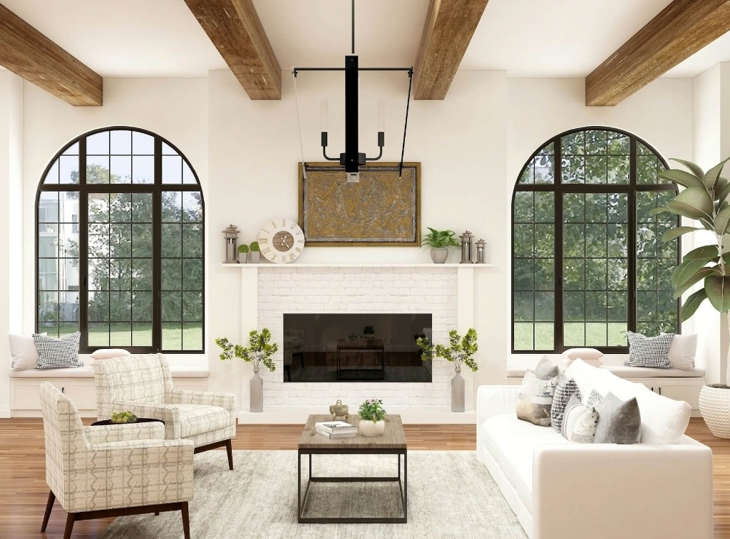 High-end residential interior with arched windows and modern amenities